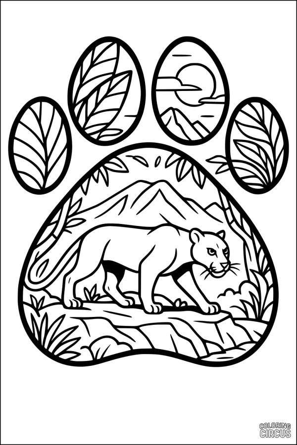 Coloring page of a panther inside a large paw print with leafy and mountain scenery