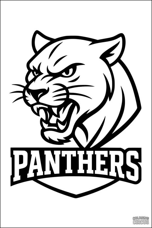 Coloring page fierce panther head logo design with the word panthers