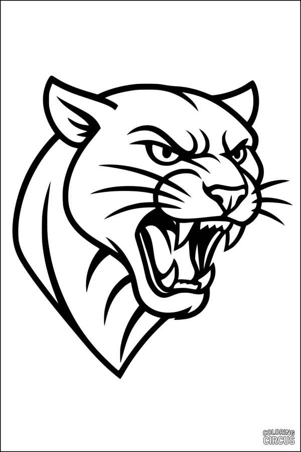 Coloring page of a fierce panther head roaring, suitable for kids
