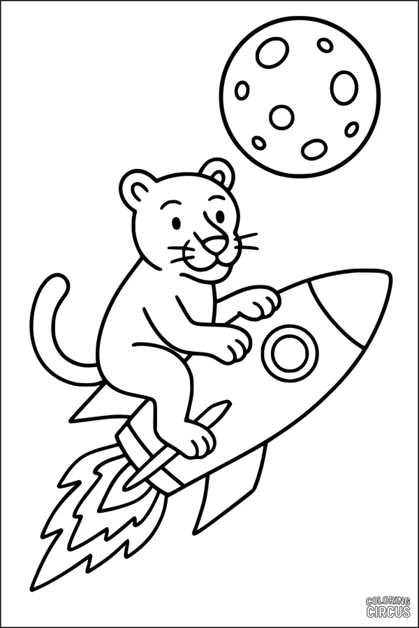 Coloring page of a panther cub riding a rocket towards the moon
