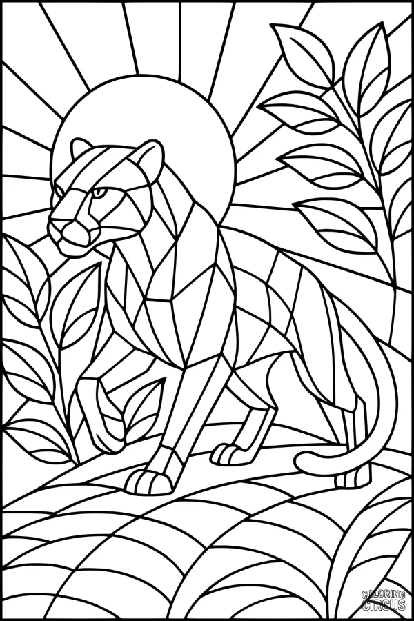 Coloring page featuring a geometric panther standing under a sun with surrounding jungle leaves