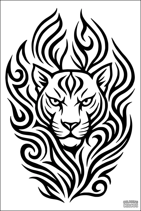 Coloring page featuring a stylized panther face with swirling tribal jungle patterns.