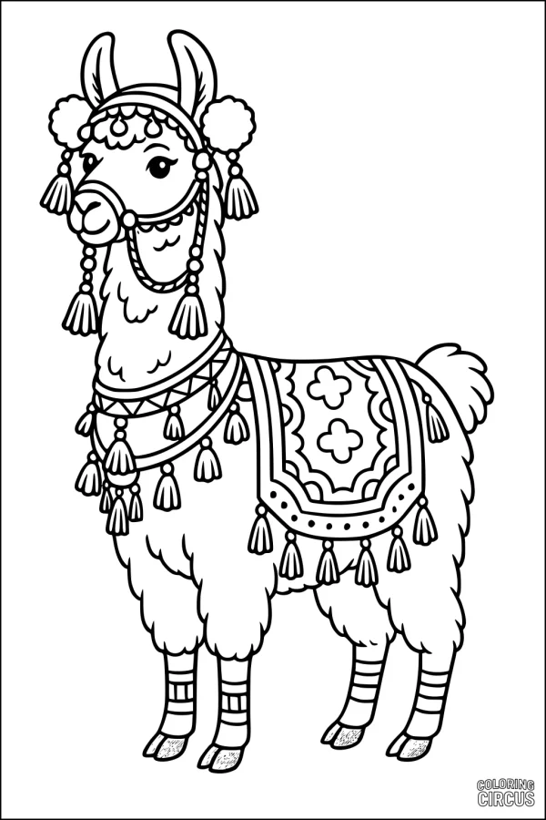 Coloring page featuring a decorated llama with tassels and a detailed blanket