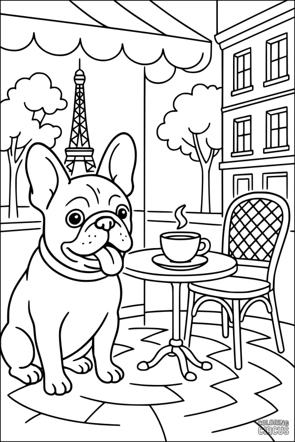 Coloring page of a happy French bulldog at a Paris cafe with Eiffel Tower in background