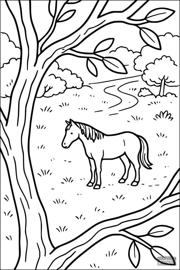 Coloring page showing a horse standing in a grassy meadow with trees and a large tree branch in the foreground
