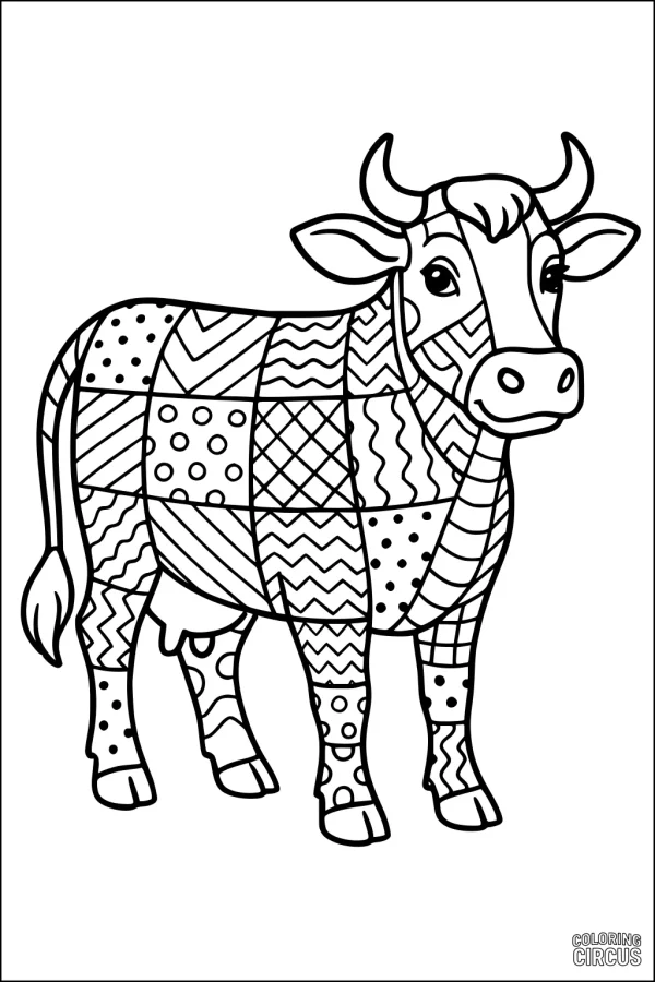 Coloring page of a cow with patchwork patterns for kids