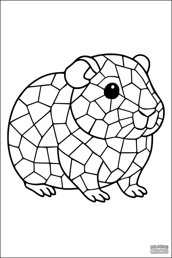 Coloring page showing a guinea pig with mosaic-like patchwork pattern, designed for kids.