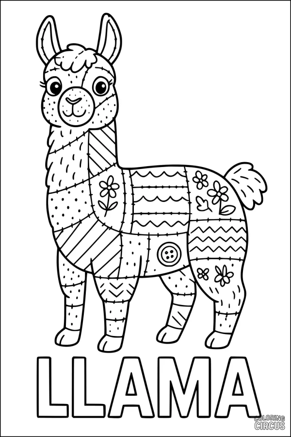 Coloring page featuring a cute cartoon llama with patterned patchwork sections, flowers, and bold text reading llama