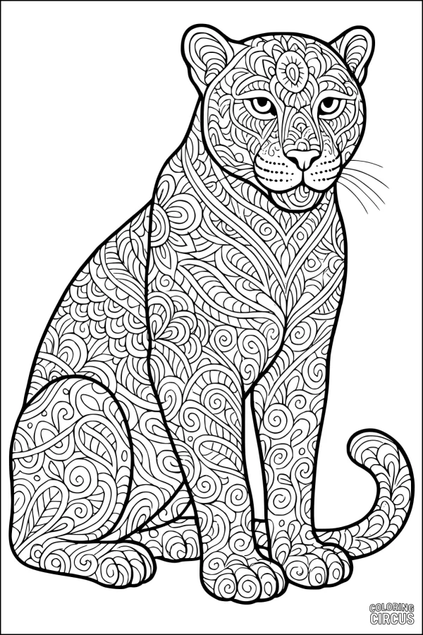 Coloring page detailed patterned leopard sitting with intricate swirls and leaf shapes