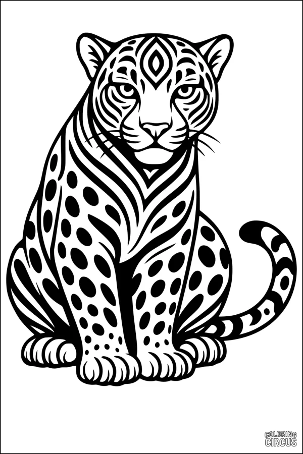 Coloring page featuring a stylized leopard with bold jungle-inspired patterns and spots