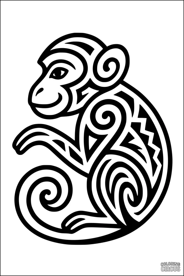 Coloring page featuring a monkey with tribal swirl patterns