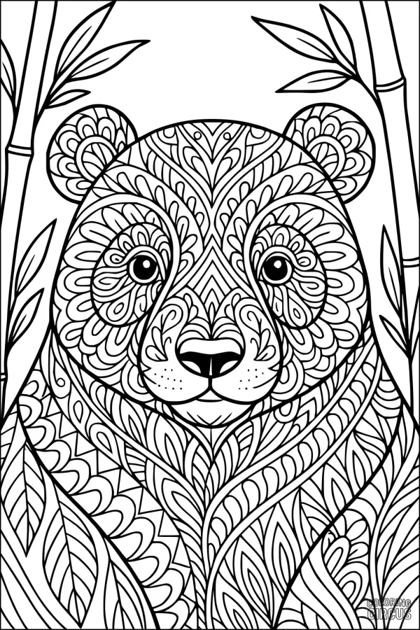 Coloring page of a bear with intricate botanical patterns and bamboo