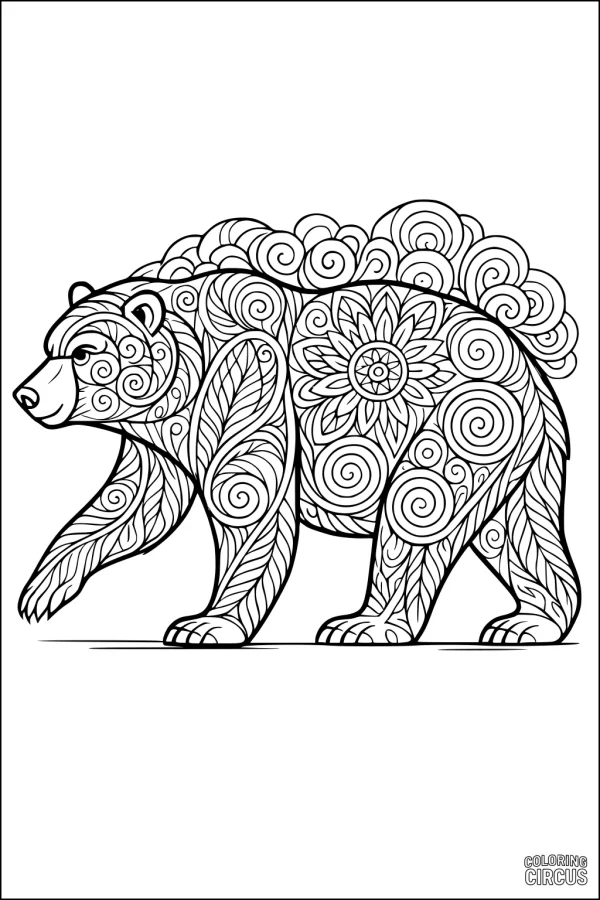 Coloring page showing a stylized bear filled with intricate swirling patterns and floral designs for creative coloring
