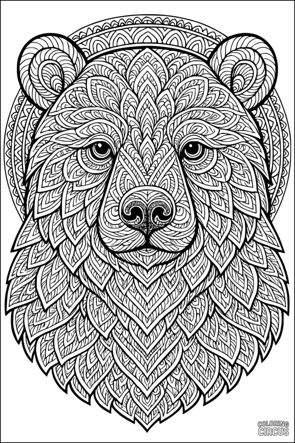 Coloring page featuring a detailed, patterned bear face with intricate mandala designs