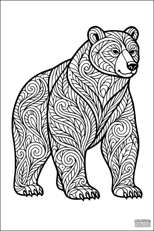 Coloring page featuring an intricately patterned bear with swirling leaf and vine designs