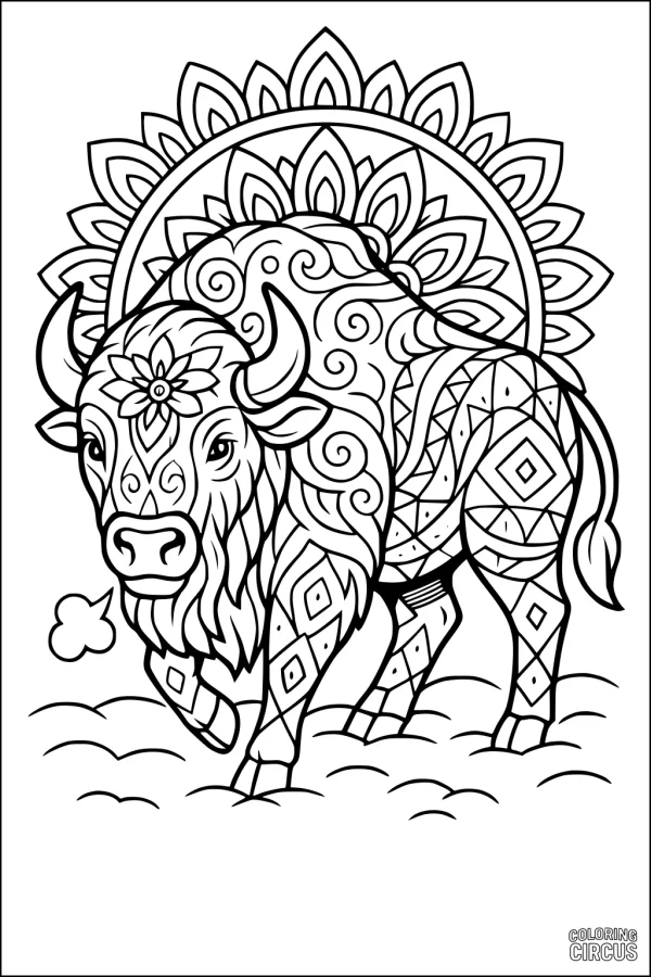 Coloring page showing an ornate bison with intricate mandala and swirl patterns