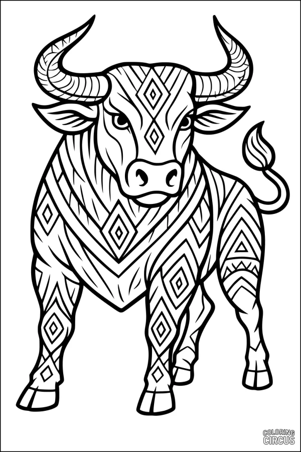 Coloring page featuring a bull with intricate geometric patterns on its body and horns