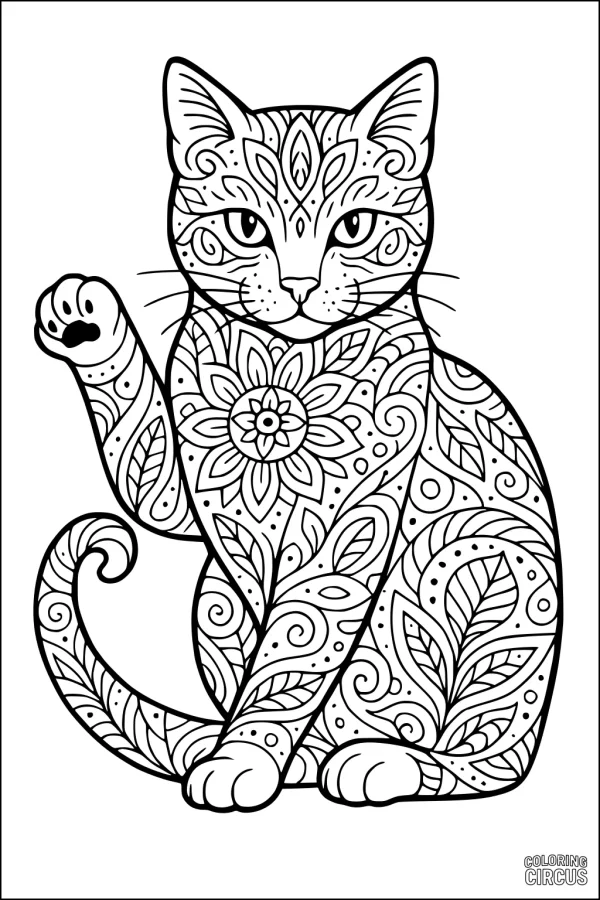 Coloring page of a cat with intricate floral and leaf patterns
