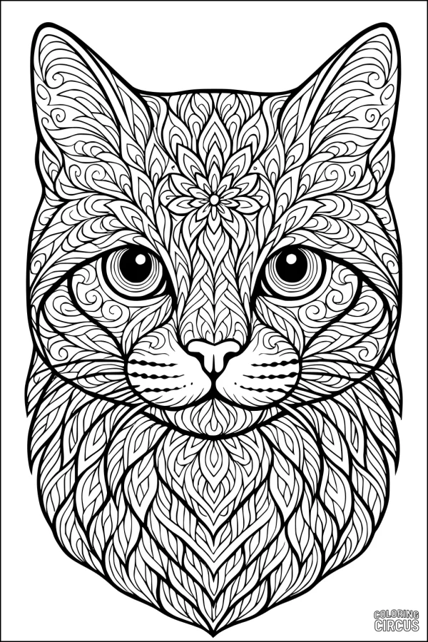 Coloring page detailed cat portrait with intricate leaf and swirl patterns