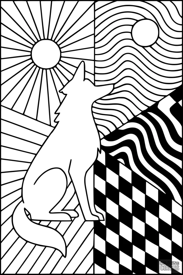 Coloring page silhouette of coyote with abstract desert patterns and two suns