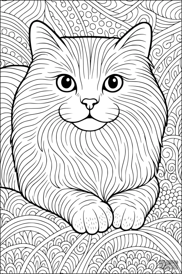 Coloring page of a fluffy domestic cat with intricate patterned background