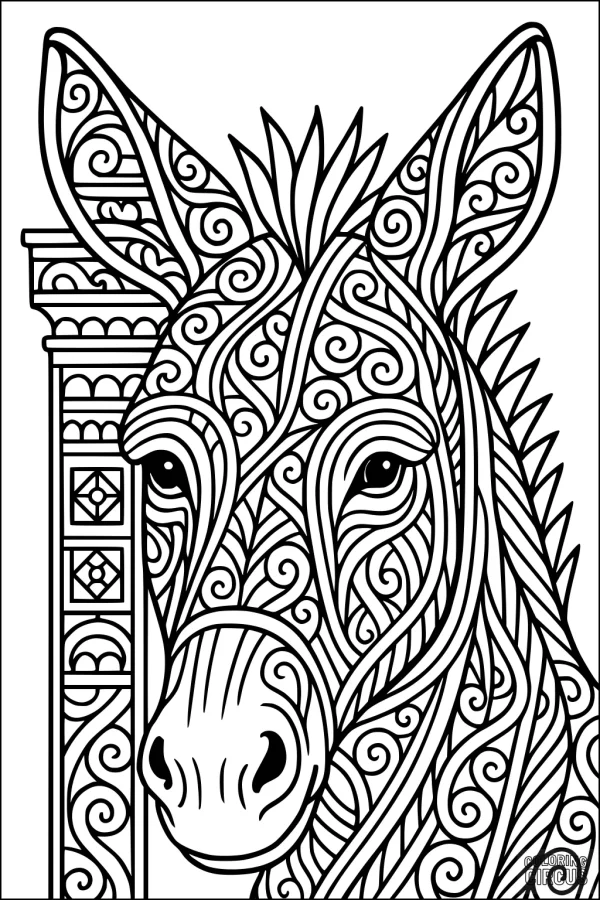 Coloring page with intricate swirling patterns on a donkey next to a decorated column