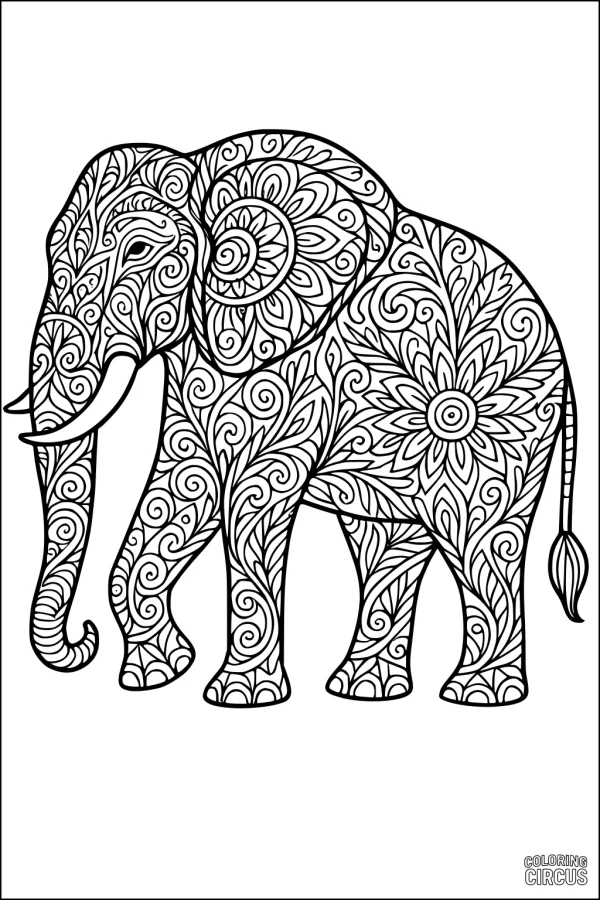 Coloring page featuring an intricately patterned elephant design