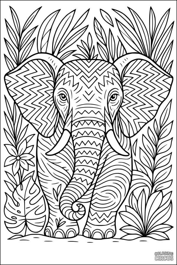 Coloring page of a patterned elephant in a jungle setting with decorative leaves and flowers