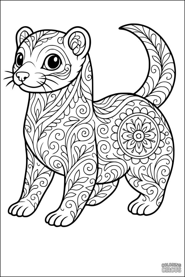 Coloring page with intricate ferret design detailed with floral and swirl patterns