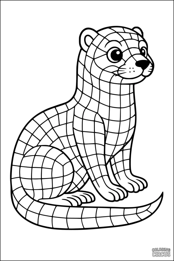 Coloring page of a cute cartoon ferret with grid pattern, perfect for kids