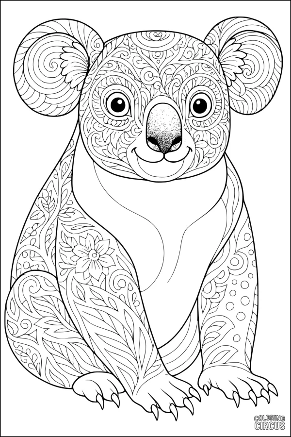 Coloring page of a koala filled with intricate leafy and swirl patterns, suitable for older children and adults
