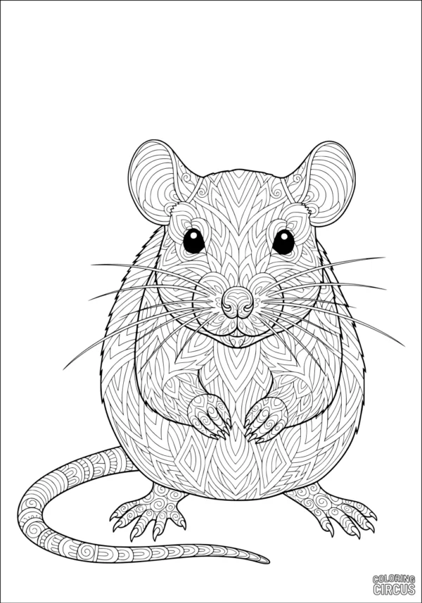 Coloring page of a detailed patterned rat with decorative swirls and lines