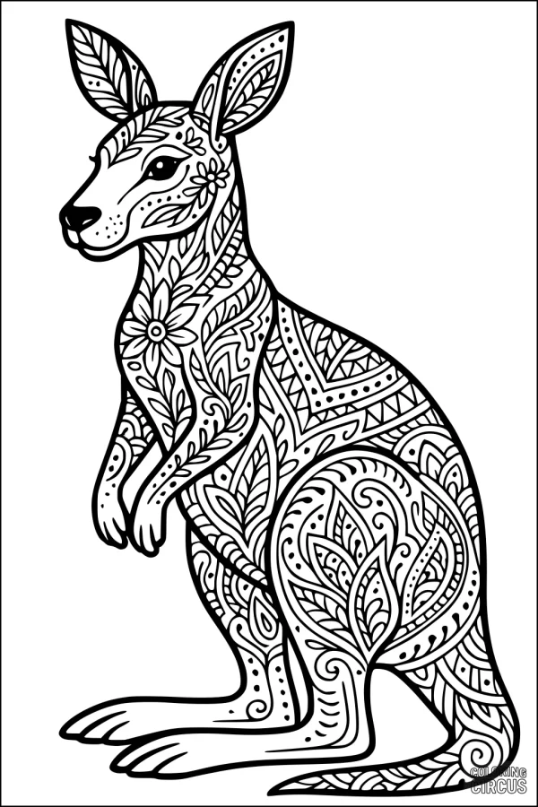 Coloring page with a kangaroo filled with intricate floral and leaf patterns