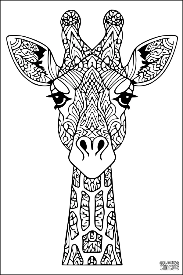 Coloring page of a patterned giraffe head with intricate mosaic designs