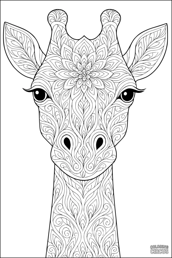 Coloring page of a giraffe with intricate mandala and swirl patterns for creative coloring