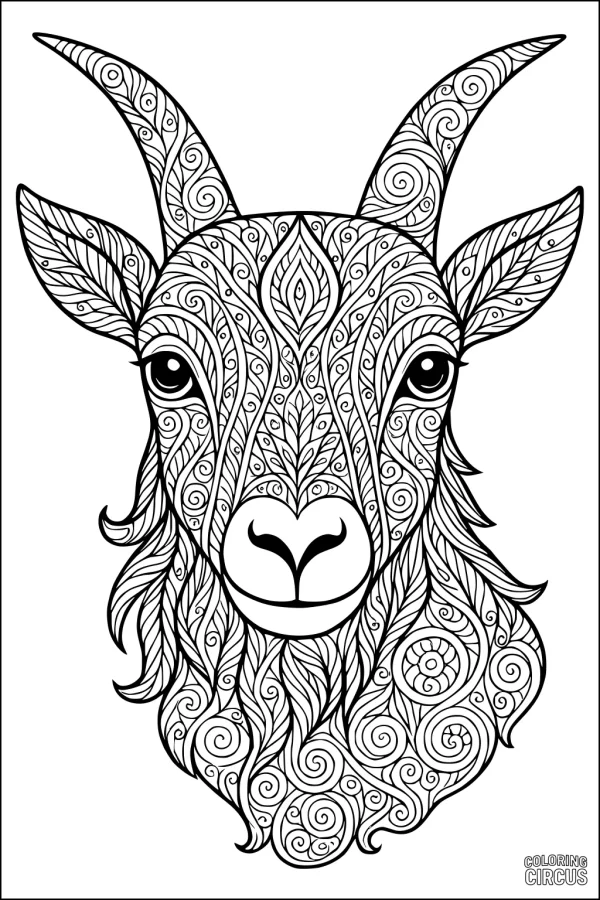 Coloring page featuring an intricately patterned goat head with swirling and leafy designs