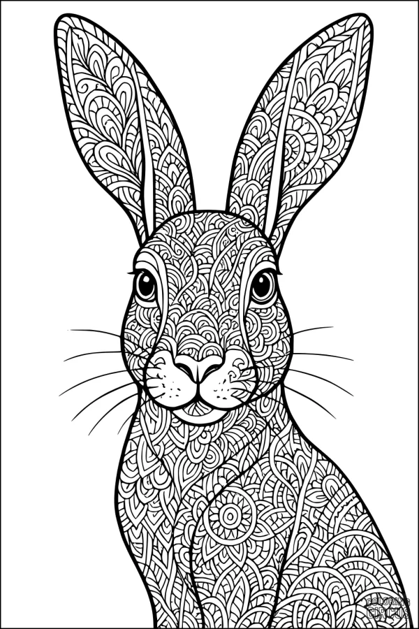 Coloring page featuring an intricately patterned hare with detailed floral and geometric designs