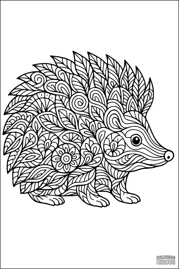 Coloring page featuring a detailed patterned hedgehog filled with leaves and flowers