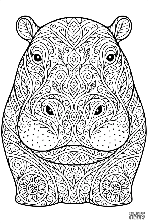 Coloring page featuring a highly detailed patterned hippopotamus with floral and leaf motifs