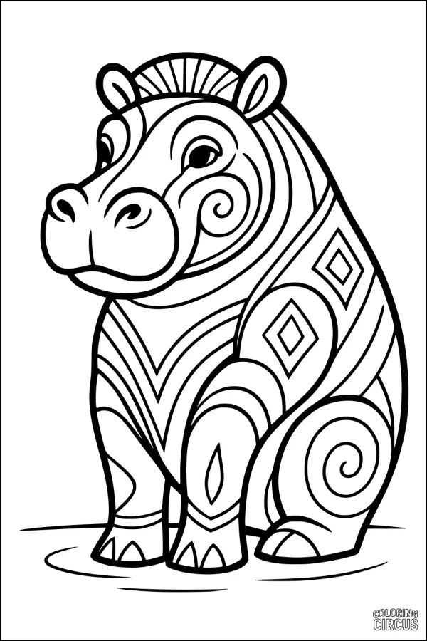 Coloring page of a patterned hippopotamus with swirls and diamonds