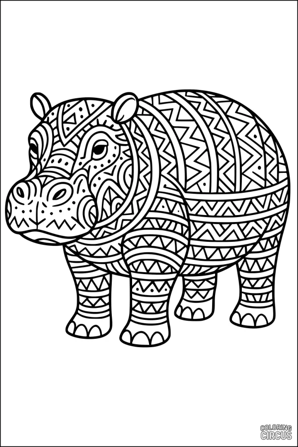 Coloring page of a hippopotamus with intricate geometric patterns