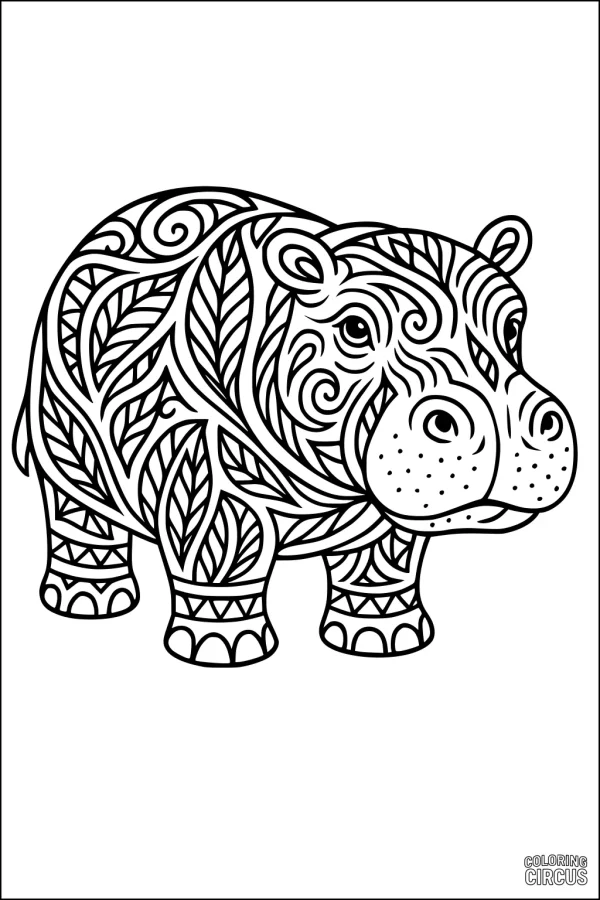 Coloring page featuring a patterned hippopotamus with intricate swirls and leaves for kids and adults