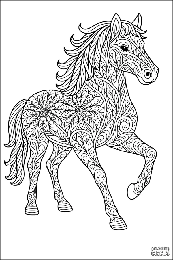 Coloring page featuring a horse decorated with intricate floral and swirl patterns