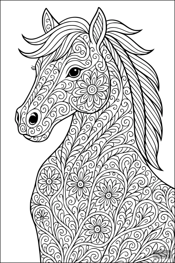 Coloring page featuring an intricately patterned horse with floral and swirl designs for mindful coloring