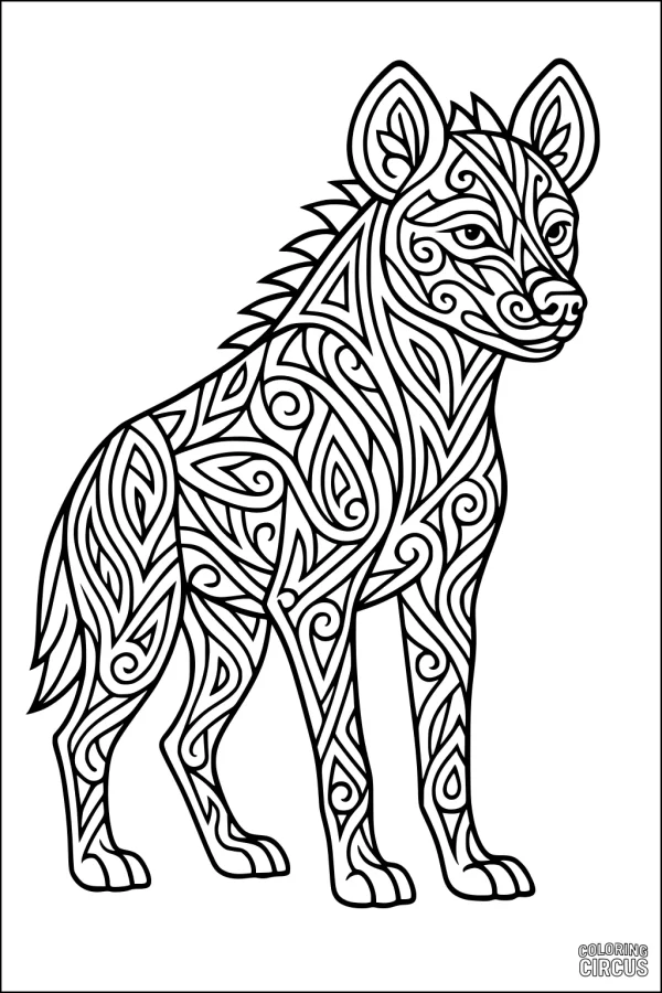 Coloring page detailed patterned hyena standing, intricate swirls and shapes for kids and adults