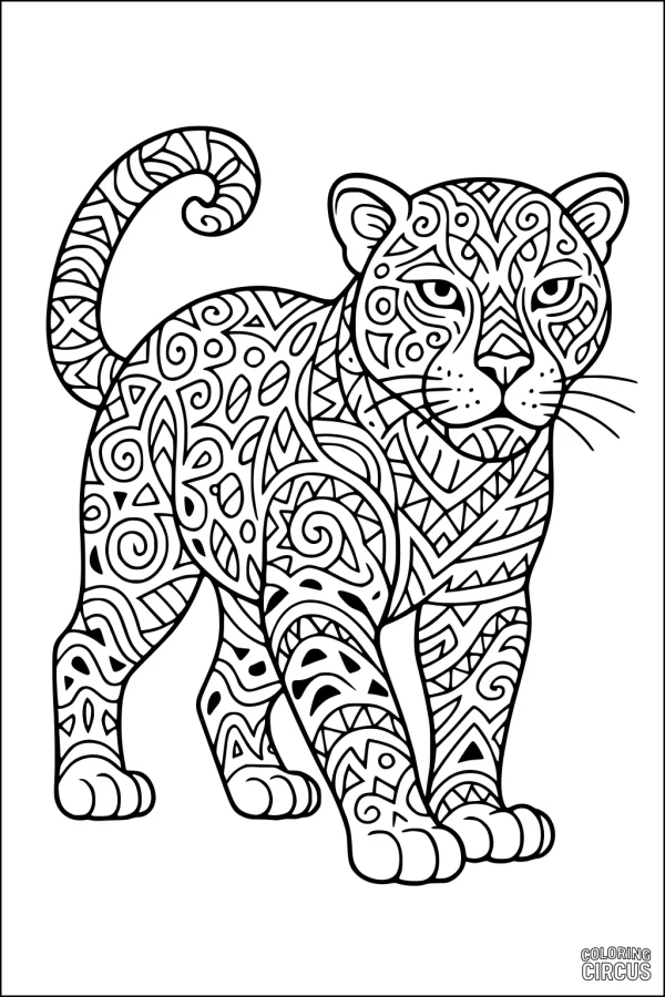 Coloring page featuring a stylized jaguar with intricate swirling and geometric patterns for kids and adults