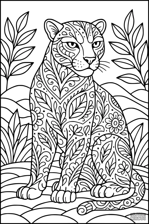 Coloring page featuring a detailed, patterned panther surrounded by stylized jungle plants