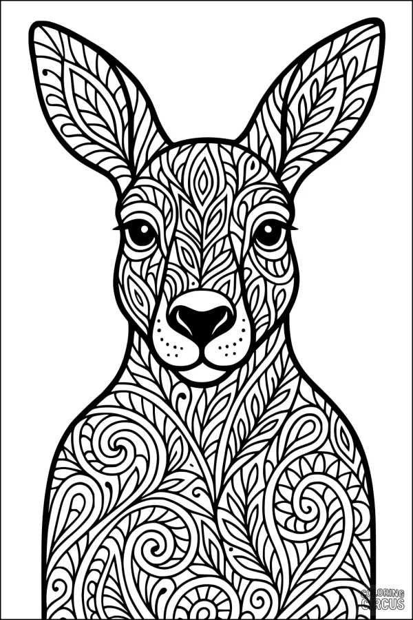 Coloring page of a kangaroo with detailed swirling and leafy patterns