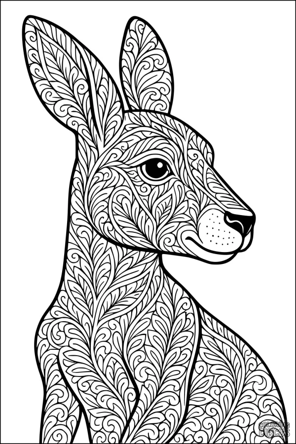 Coloring page featuring a detailed kangaroo filled with swirling, leaf-like patterns