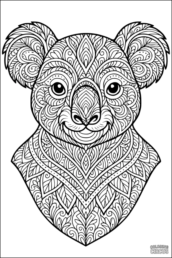 Coloring page featuring a detailed patterned koala head with intricate mandala-style designs